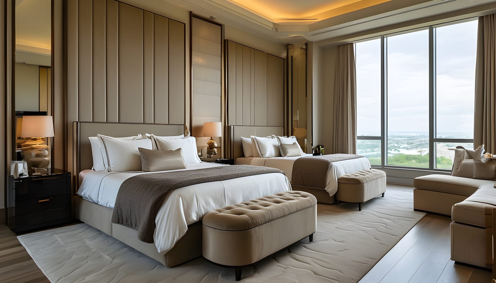 Luxury hotel room with twin beds